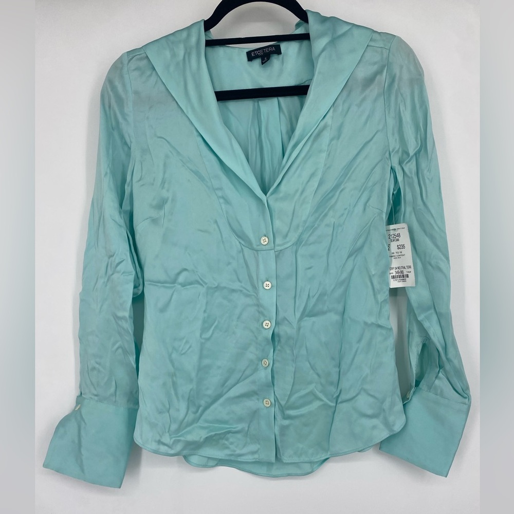 Etcetera 100% Silk Seafoam Green Blouse Size 2 Small Tie Neck Button Up